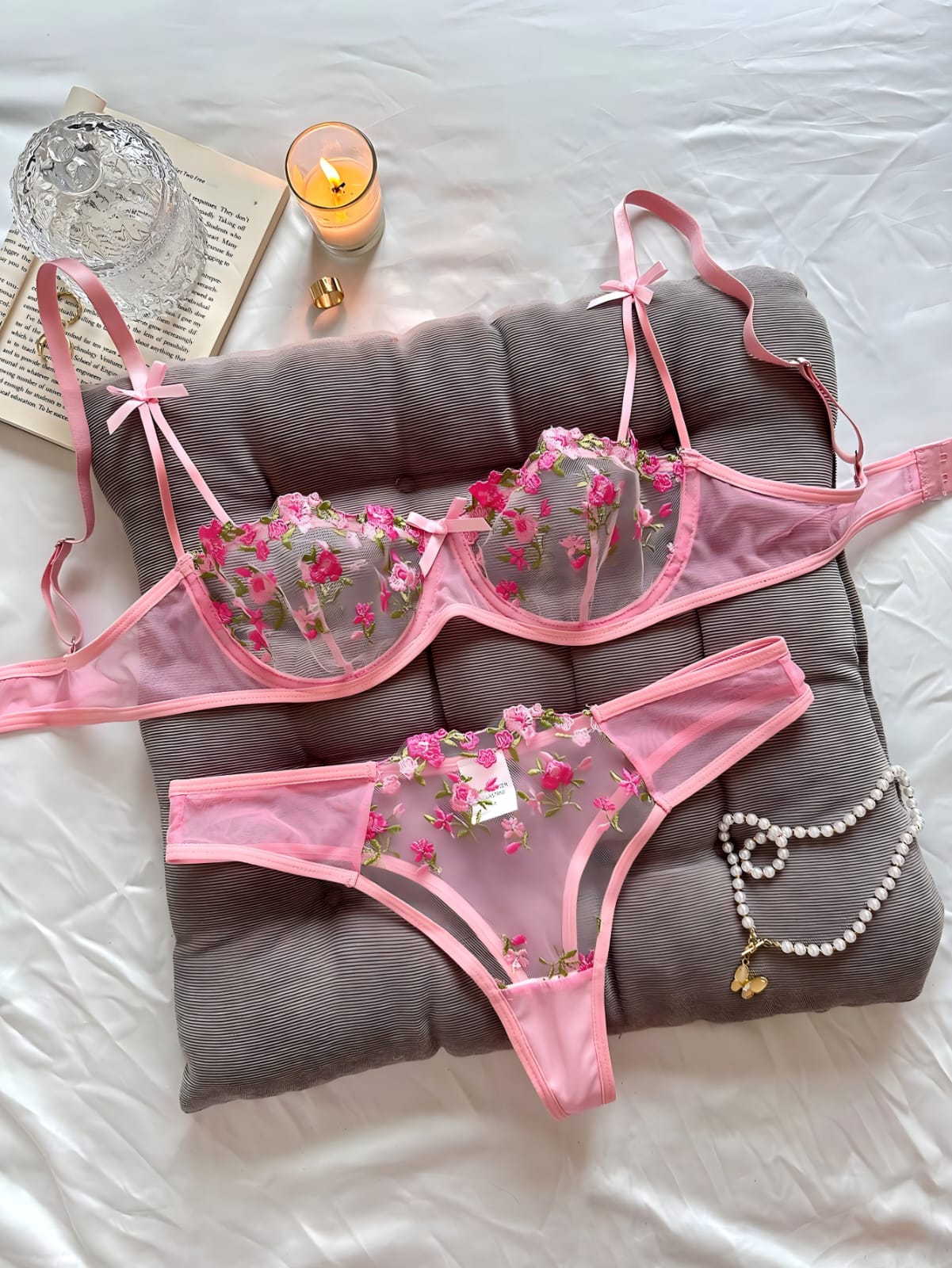 Rosalie rosa – Coordinato lingerie in tulle ricamato