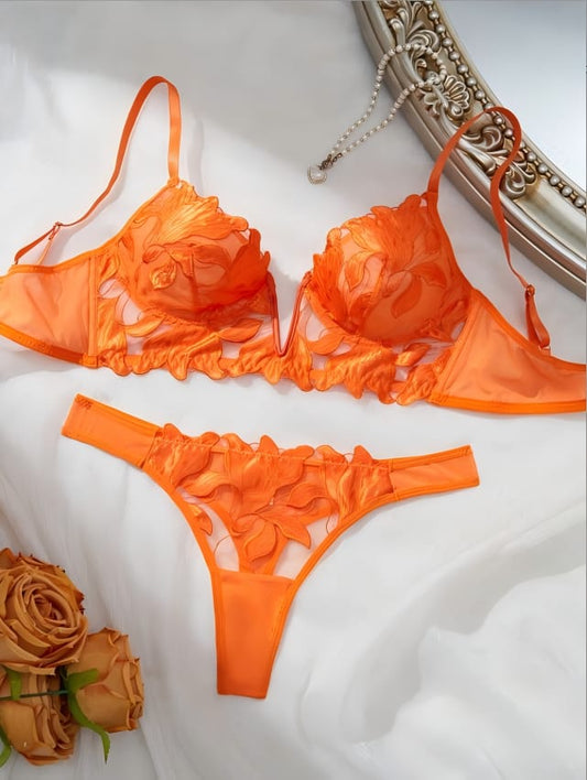 Callistè arancio – Coordinato lingerie in tulle ricamato
