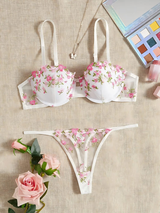 Fiorence – Coordinato lingerie avorio con ricami floreali rosa